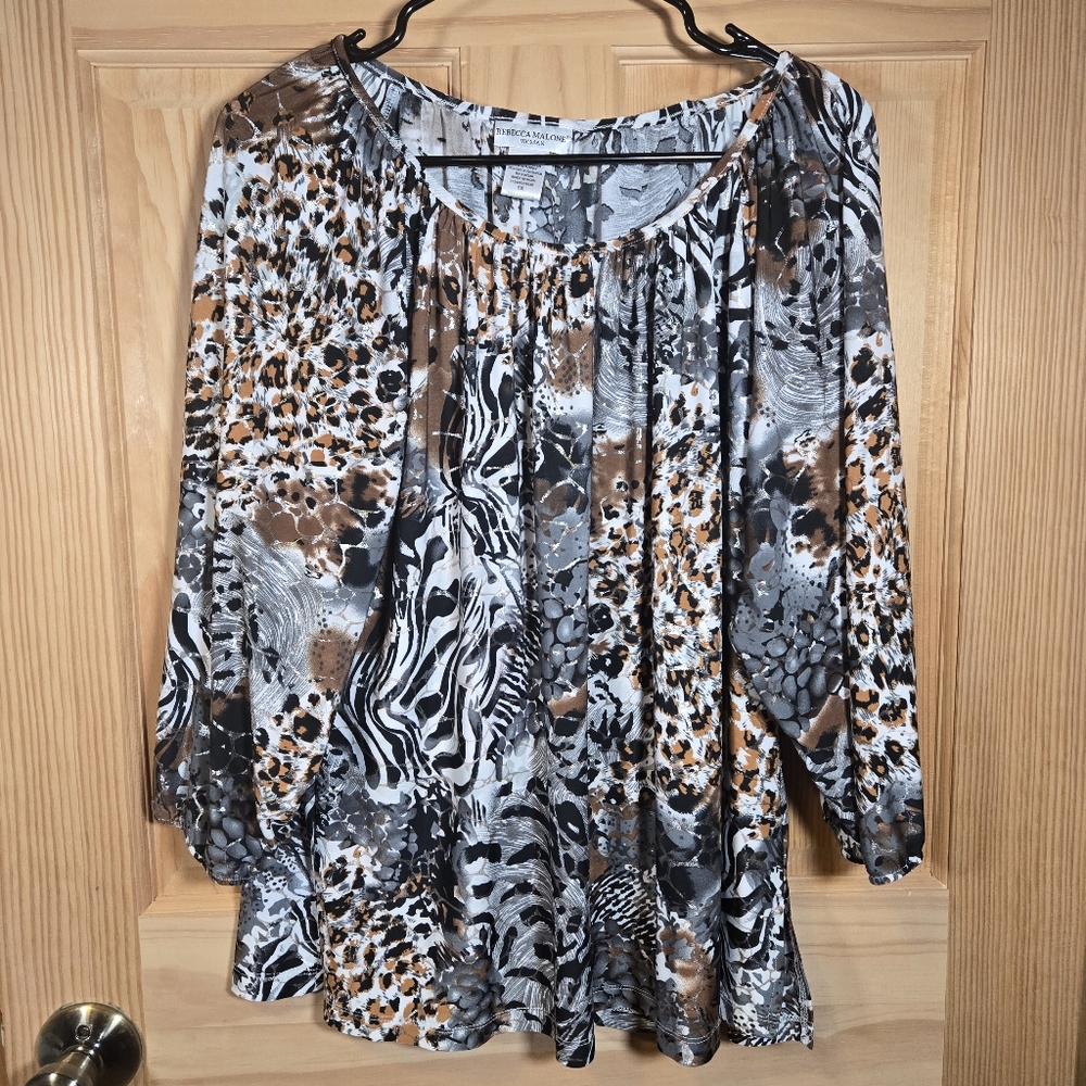Rebecca Malone Animal Print Top Pullover 3/4 Sleeve Black Gold Silver Womens 1X